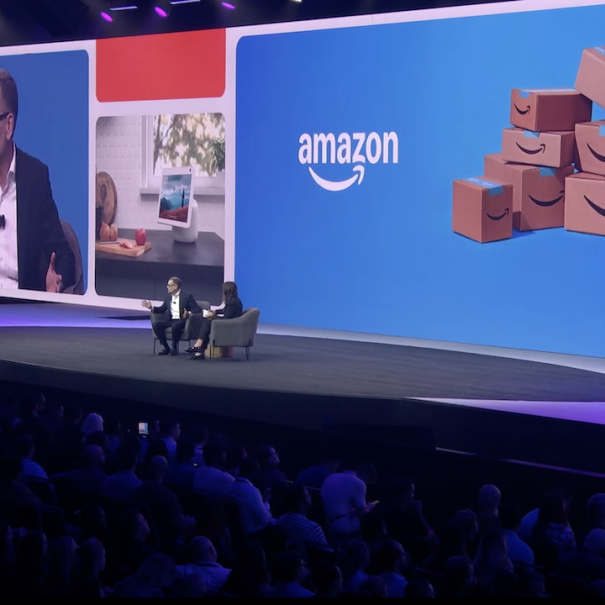Doug Herrington, CEO of Worldwide Amazon Stores and Mary Beth Westmoreland, vice president, Worldwide Selling Partner Experiences, on stage for a fireside chat at Amazon Accelerate 2024.