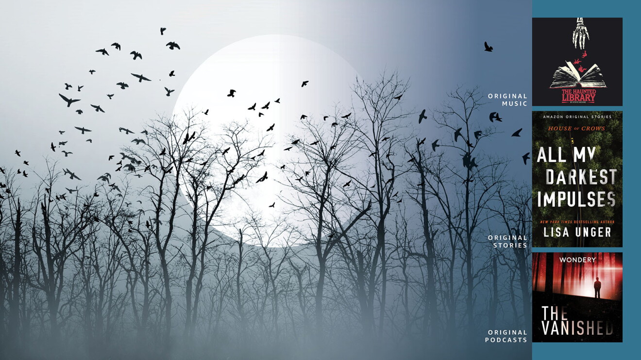 A gray image of an ominous forest with black, dead trees and crows flying above them. There is a large moon in the background. On the side of the image are three smaller images with cover art for an album, a book, and a podcast.  