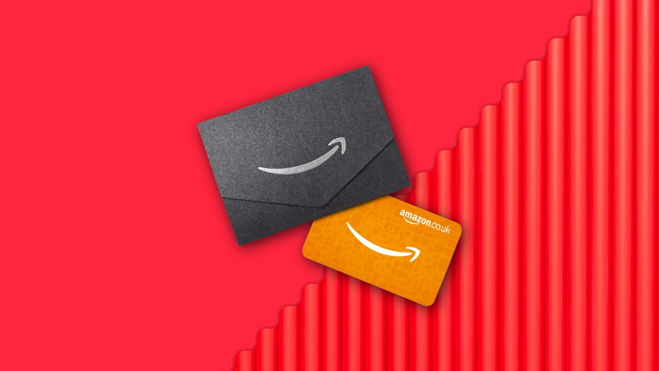 Amazon gift cards against red background with rising graph
