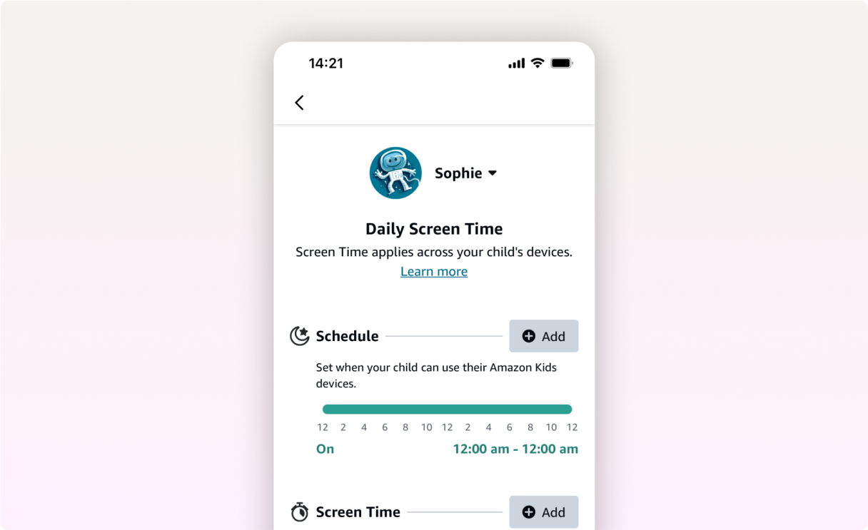 Amazon Kids app interface showing Daily Screen Time settings