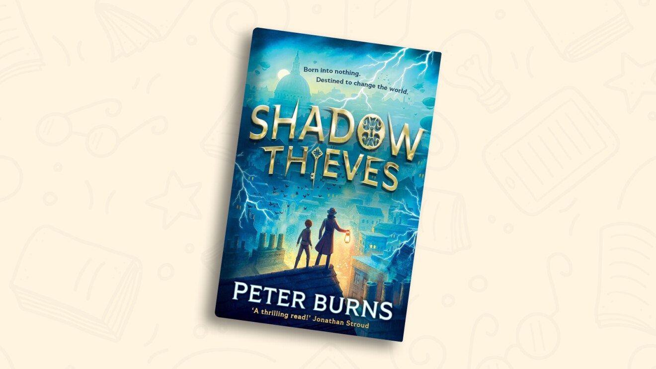 Book cover of 'Shadow Thieves' by Peter Burns featuring lightning and silhouettes