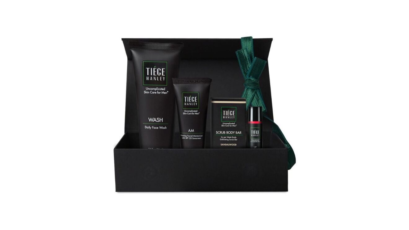 Tiege men's skincare set.