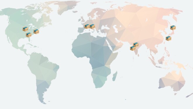 世界地图，亚马逊盒子放置在不同的送货地点。