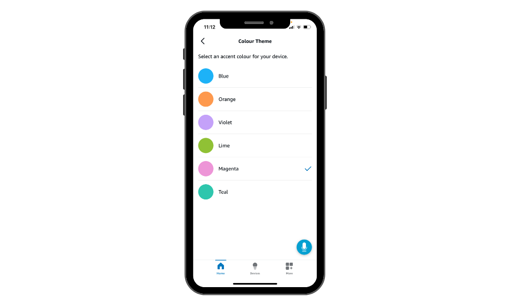 A mobile phone showing the change theme feature on the alexa app