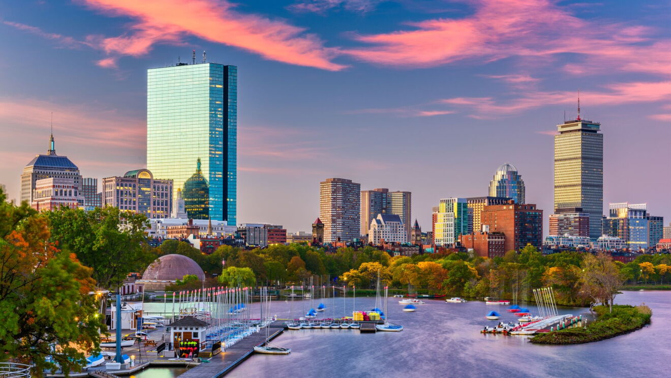 Boston, Massachusetts, USA downtown skyline on the Charles River in the morning.