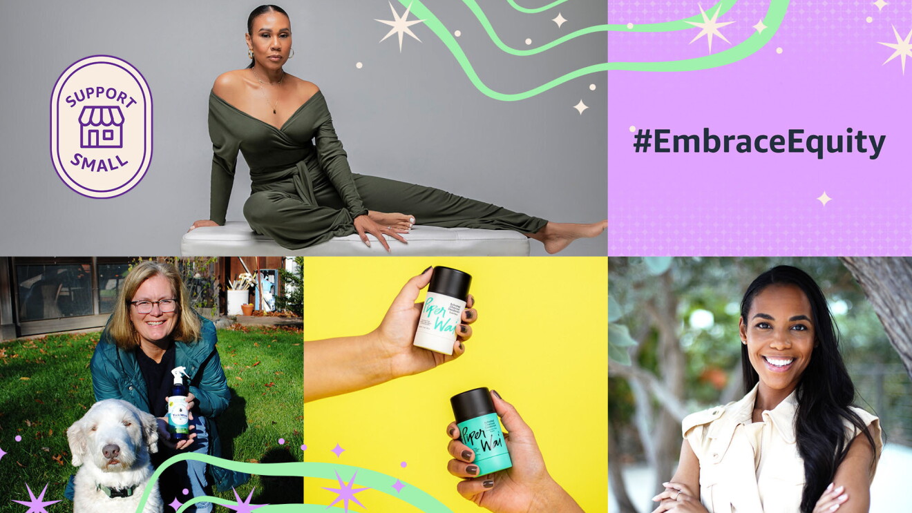 A collage of photos of 4 women-owned small business products and owners.