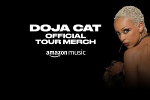 An image of Doja Cat alongside text that reads "Doja Cat official tour merch, Amazon Music"