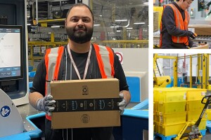 Image of Amazon employees working in a fulfillment center.