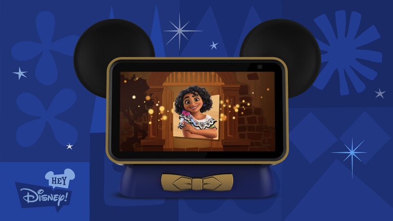 An image of an Echo smart speaker with Hey Disney! feature and Mickey Mouse's ears.