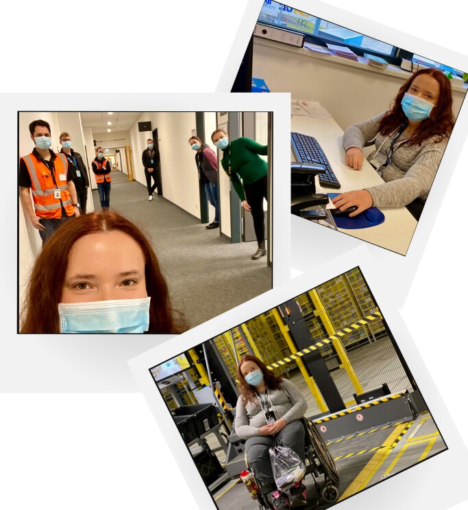 Collage von Lea, ihrer Schwester und den Kolleg:innen aus dem Logistikzentrum