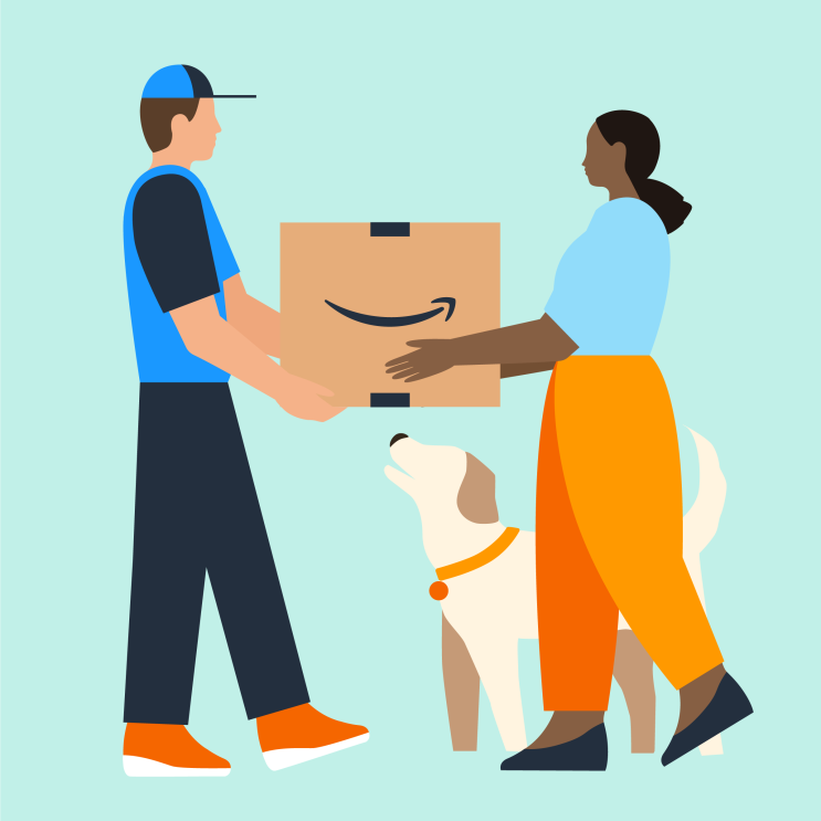 An Amazon customer being handed a package