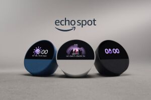 Echo Spot devices showing time, weather, and radio station