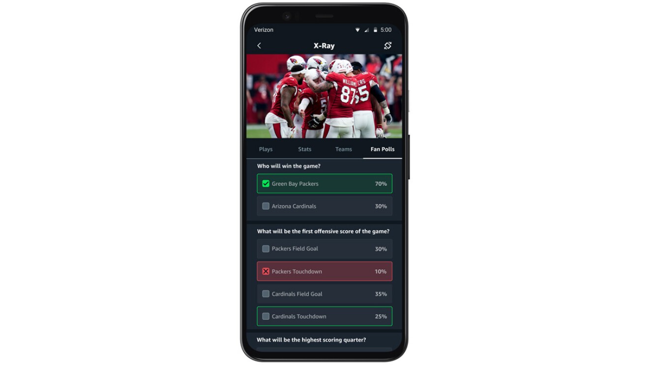 A screenshot of the new polling feature for NFL games on Prime Video.