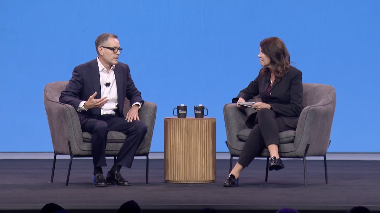 Doug Herrington, CEO of Worldwide Amazon Stores and Mary Beth Westmoreland, vice president, Worldwide Selling Partner Experiences, on stage for a fireside chat at Amazon Accelerate 2024.