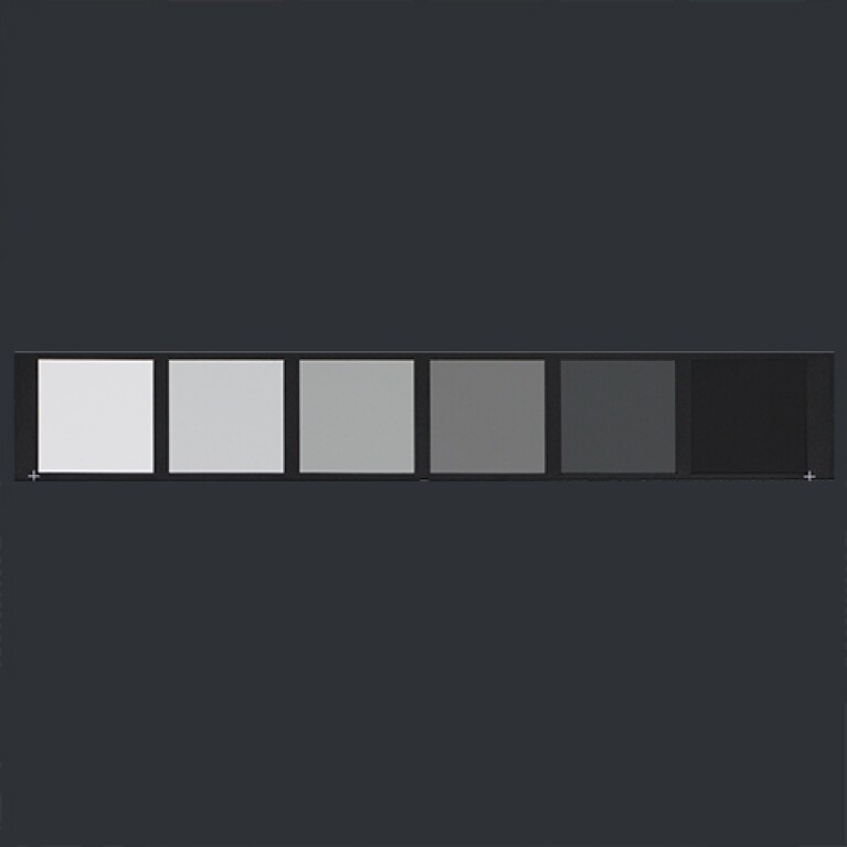 Six squares in shades of gray arranged horizontally against a dark gray background. As the squares go from left to right, they get darker. 