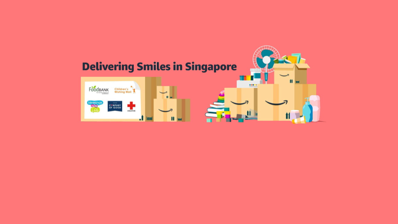 An illustration showing a box truck with logos of non-profits. To the right is a pile of illustrated boxes with products including home goods, toys, and personal care products. 