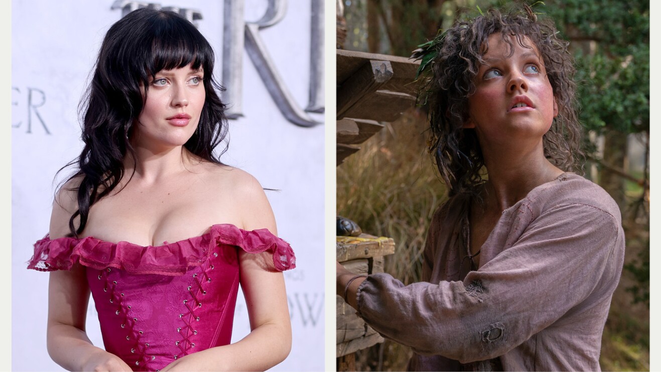 A split image showing the actor listed above on the red carpet for the Lord of the Rings: The Rings of Power premiere vs in full makeup and costume as their character in the show.