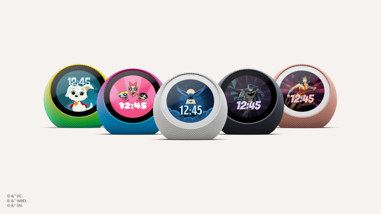 Different characters displayed on five different Echo Time devices.
