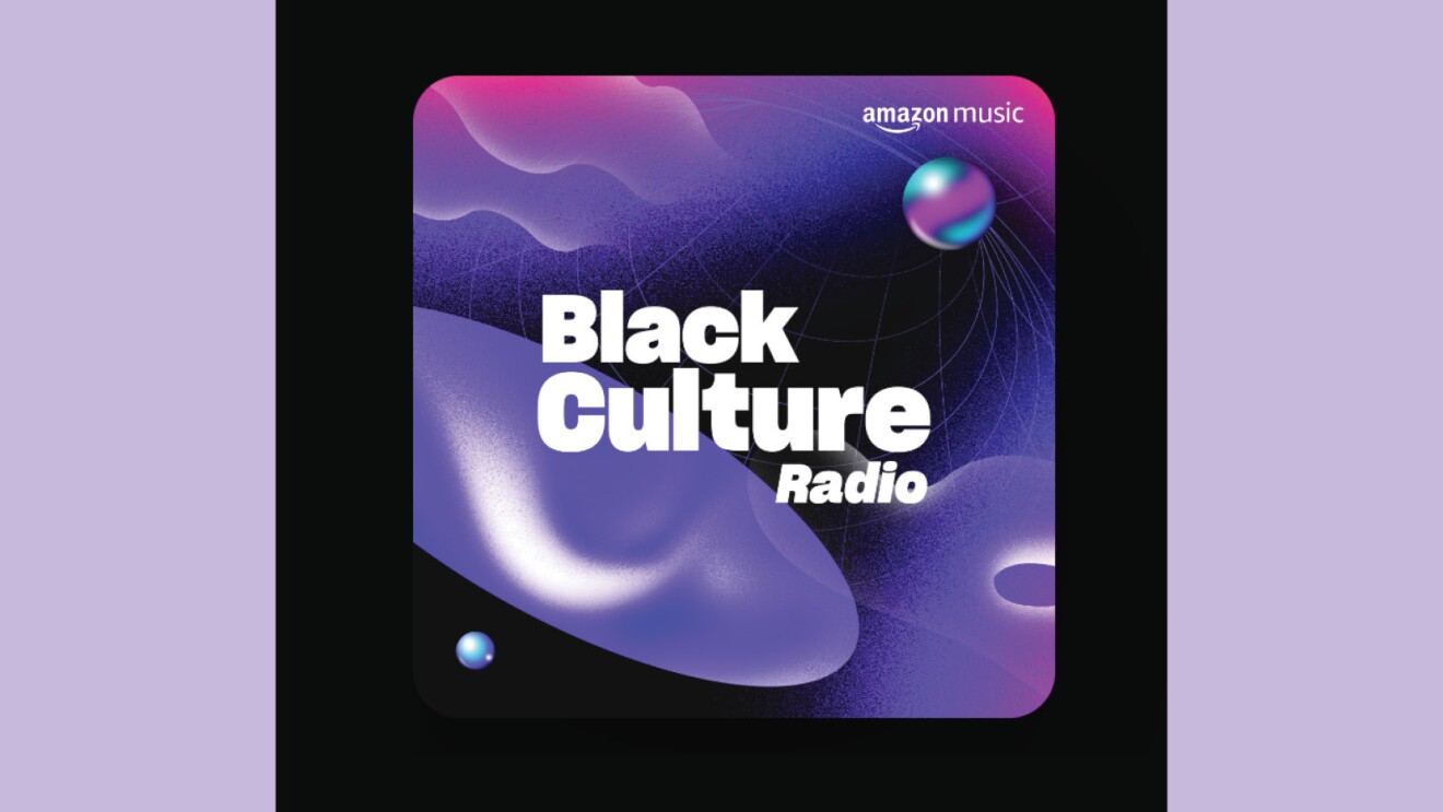 亚马逊音乐的黑色文化电台封面与紫色背景的图像。