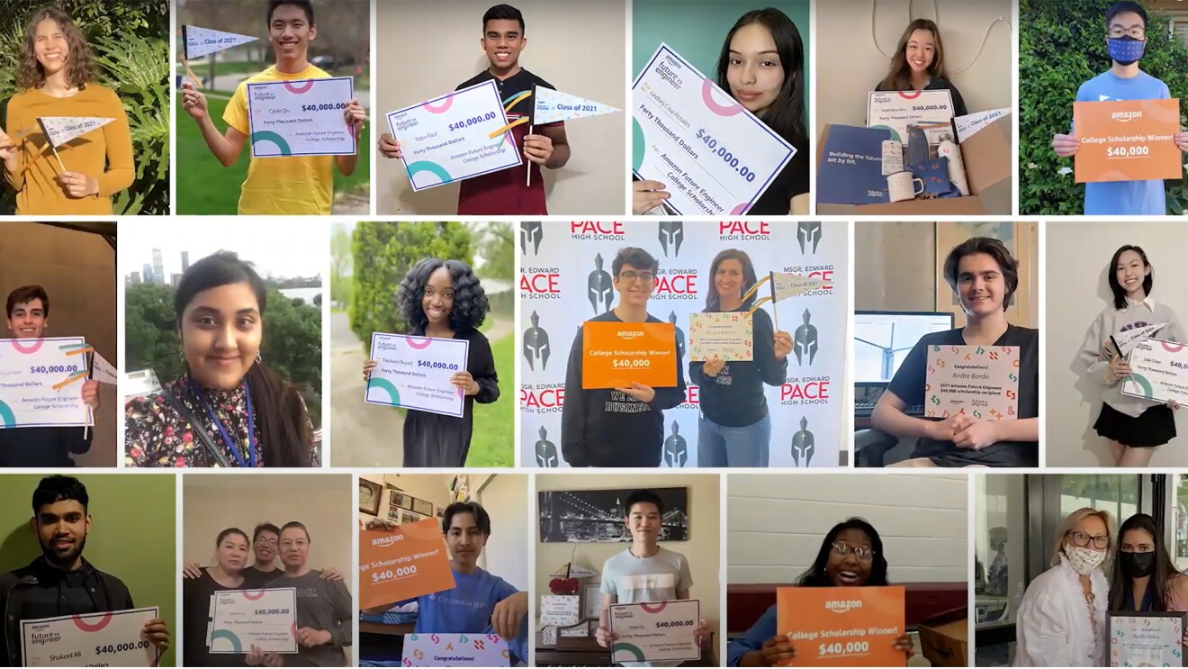 A collage image of Amazon Future Engineer scholarship recipients holding their scholarship checks.