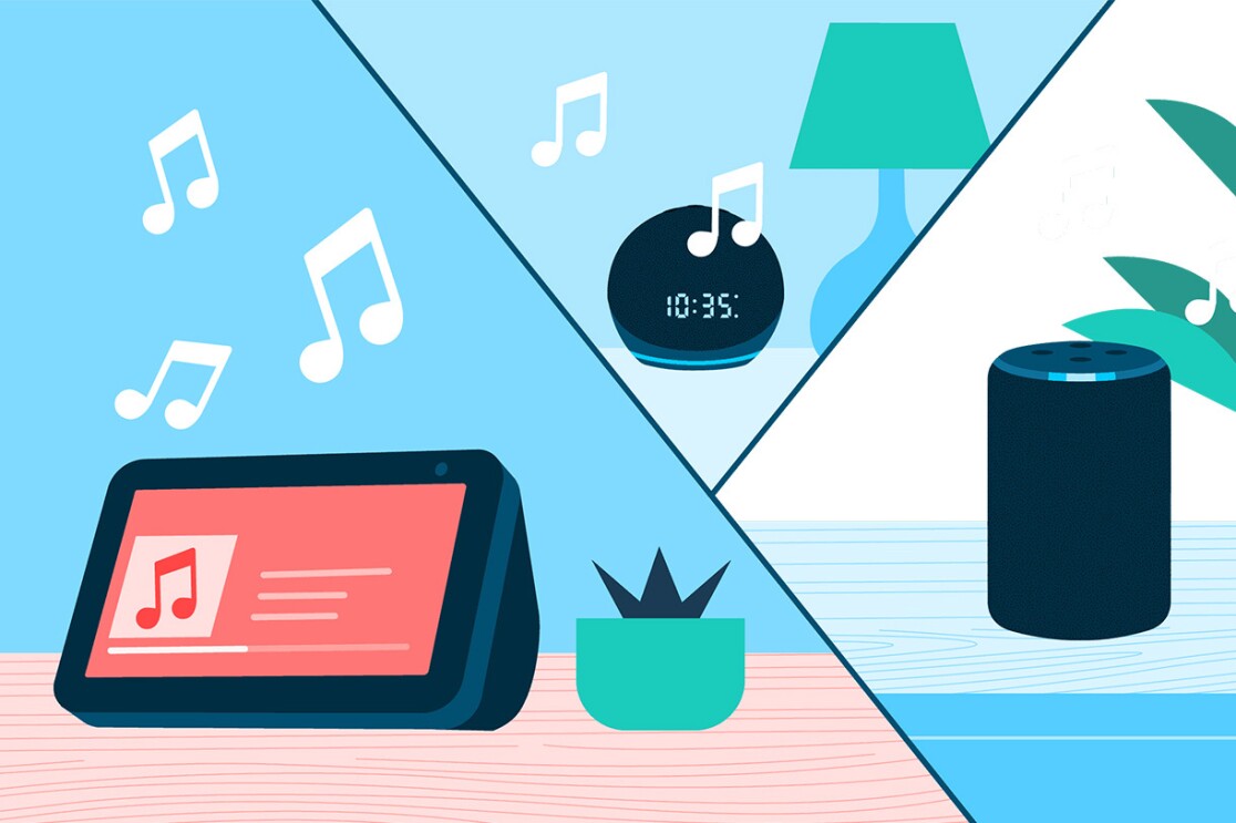 an illustrated collage of three Amazon Echo devices playing music. 