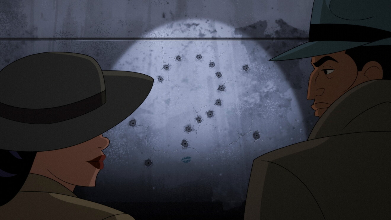 Still from Prime Video's 'Batman: Caped Crusader' Season 2: Question mark pattern made of bullet holes on a concrete wall with two investigators observing
