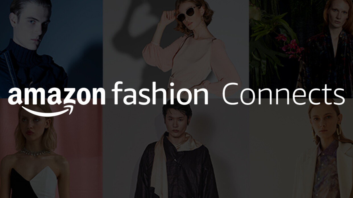 El texto de la foto en blanco es el siguiente: Amazon Fashion Connects. Detrás y con una cortina negra hay seis fotos de modelos posando. En cada foto hay un modelo. En total son dos modelos hombres y cuatro modelos mujeres.  