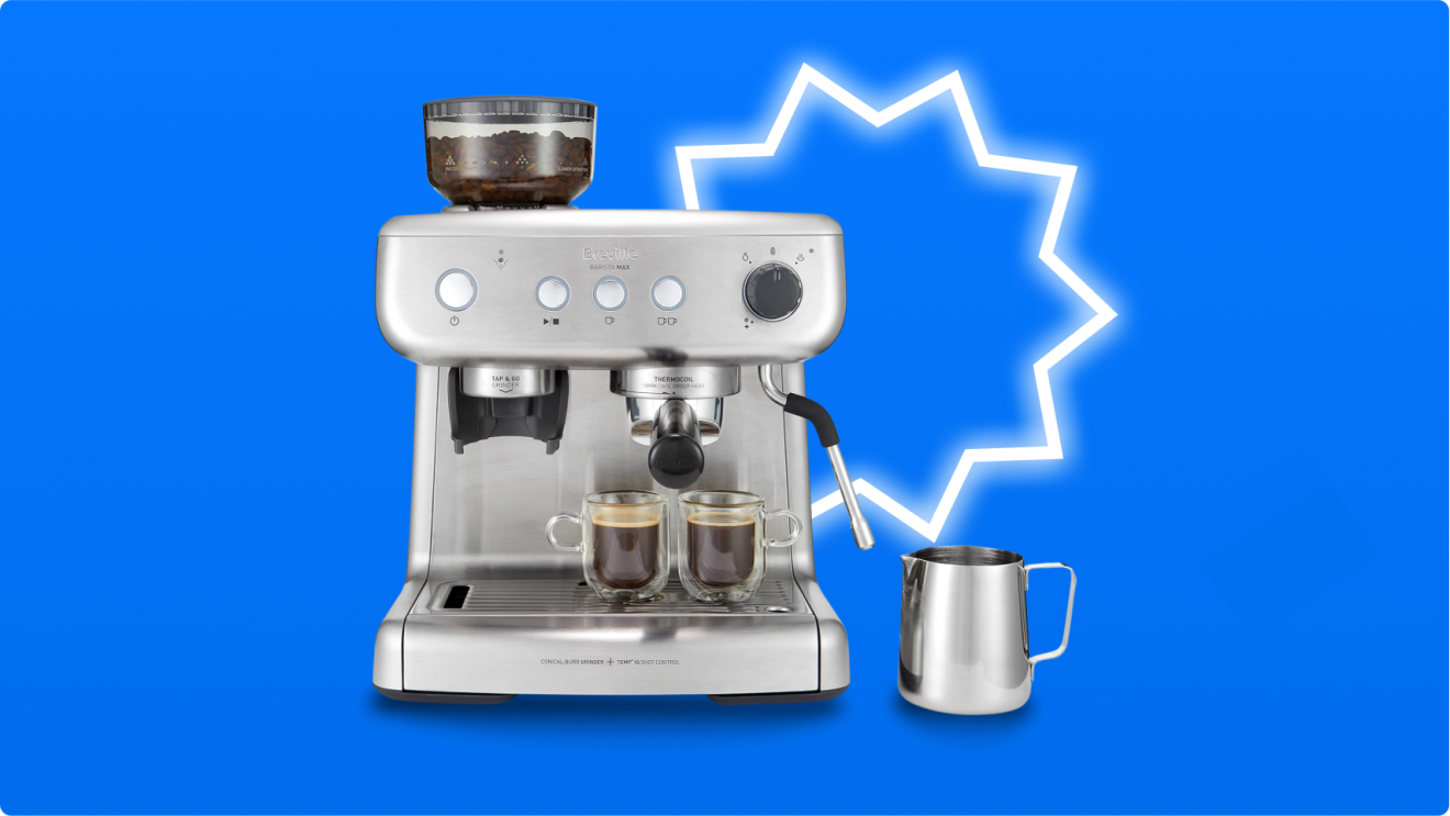 Espresso machine with coffee grinder and milk frother on blue background