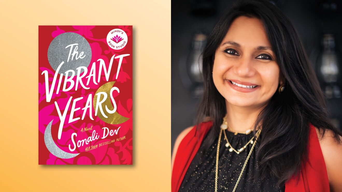 A photo of the book cover of "The Vibrant Years" and author Sonali Dev.