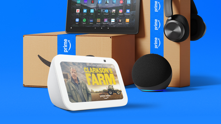 Assortment of Amazon products including Echo, tablet, and headphones