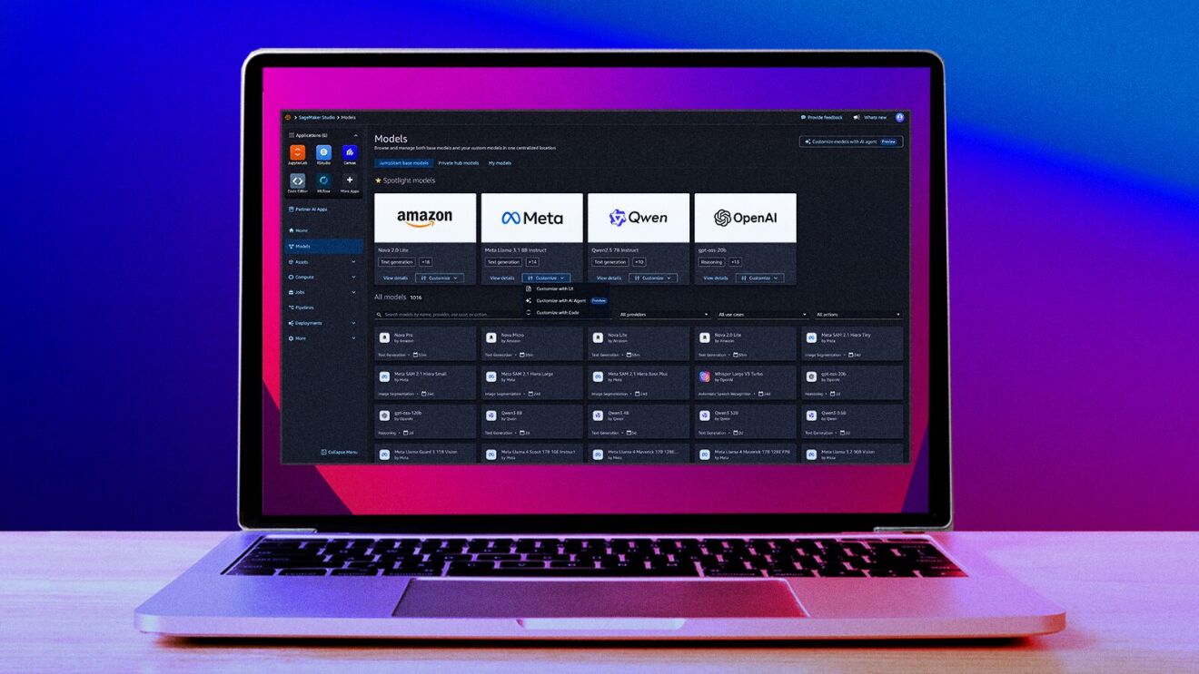 Laptop displaying SageMaker AI model selection interface with logos of Amazon, Meta, Qwen, and OpenAI