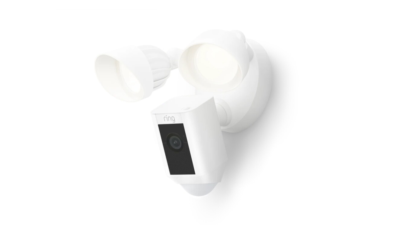 Floodlight Cam Wired Plus facing down with lights on