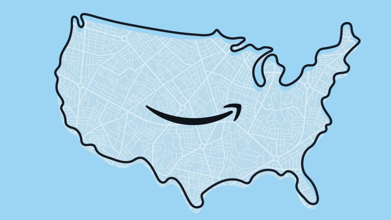 US map outline with Amazon smile logo superimposed