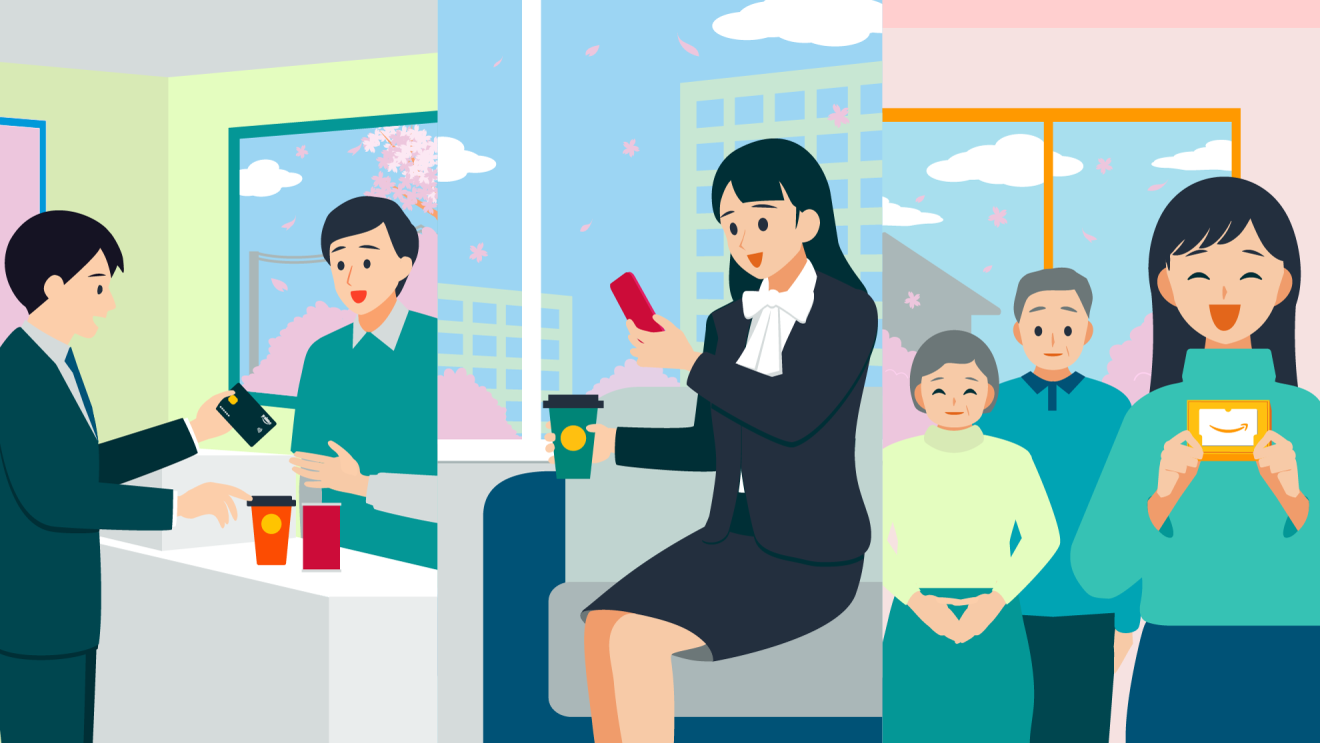 コンビニのレジでクレジットカードで支払いをしている男性、スマホで買い物をしている女性、ギフトカードを受け取った女性のイラスト