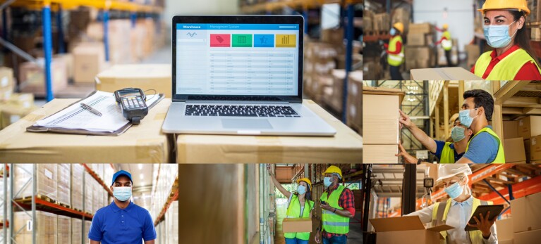 Collage mit Laptop im Lager, verschiedenen Logistikmitarbeiter:innen.