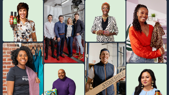 拼贴画不同的小企业主持有他们的产品可用在亚马逊商店购买。