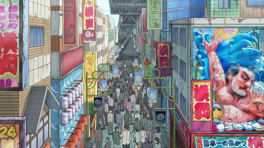 たくさんのカラフルな看板がひしめく商店街を、多数の通行人が歩いているアニメイラスト。「横綱」と書かれた看板が多く、一番手前に力士を描いた看板。