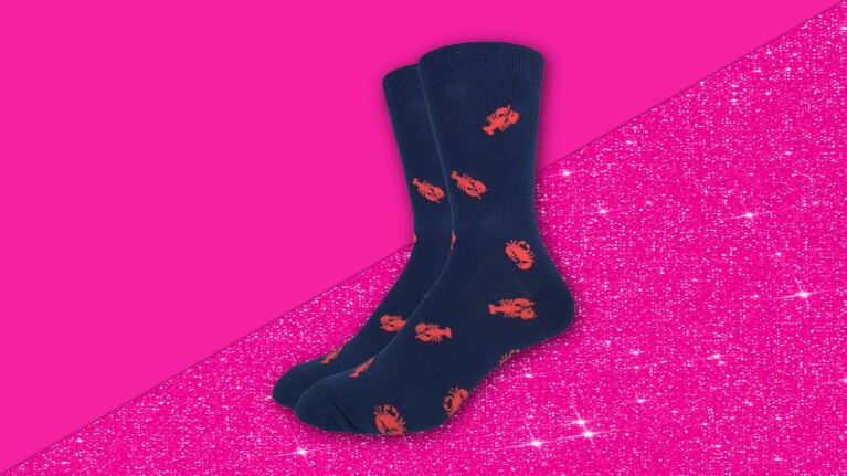 Amazon holiday stocking stuffers: Quirky lobster-themed socks against vibrant pink backdrop