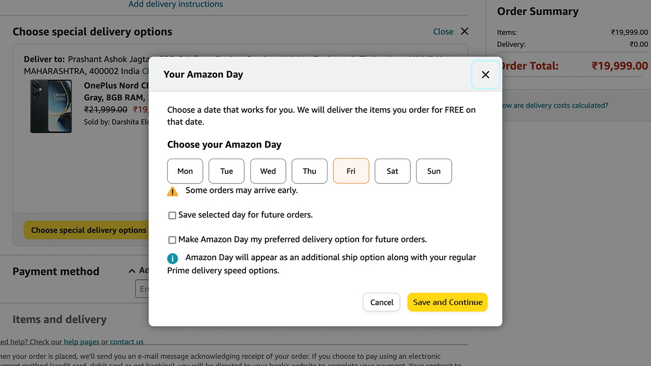 Screenshot featuring how to select Amazon Day Delivery