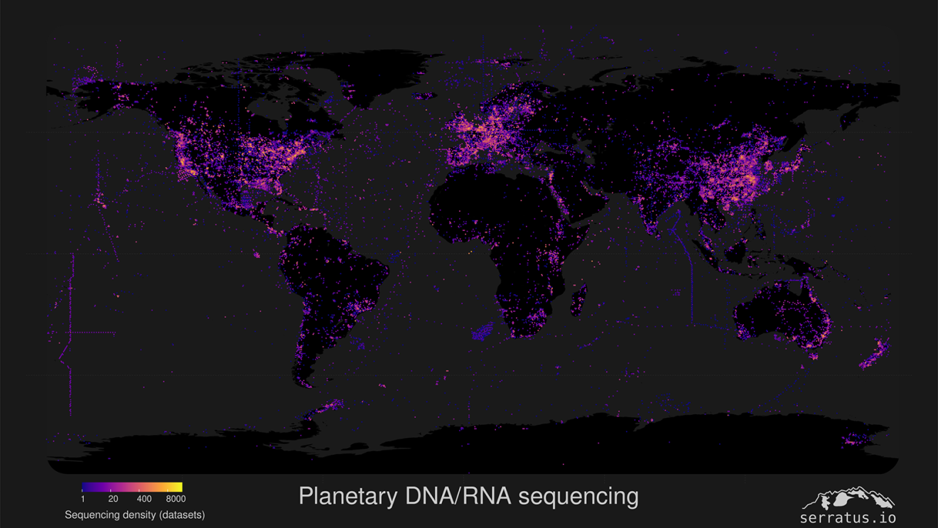 An image of a dark map of the world with purple spots lit up to show planetary sequencying.