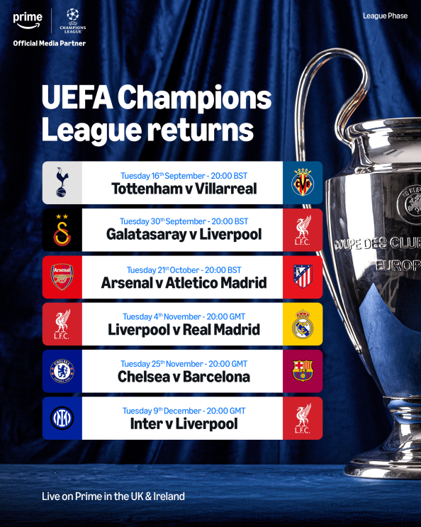 Table showing Champions League fixtures schedule on Prime Video