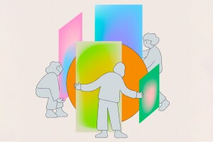individuals holding hands with geometric shapes surround them