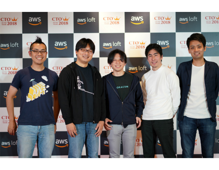 白と黒の市松模様の壁を背に並んで立つ5人の人物。Tシャツやパーカー、ジーンズなどカジュアルな服装。