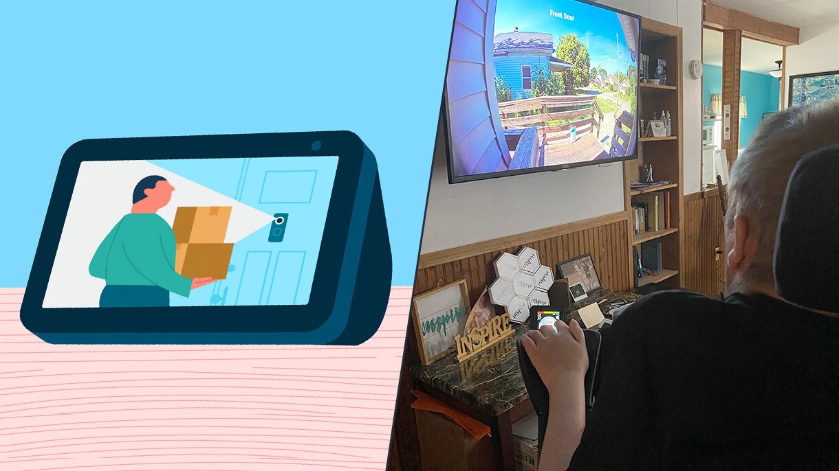 A collage showing an image of a person looking at their front porch on a TV screen and an illustrated image of Amazon's Echo Show showing a person delivering packages. 