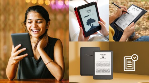 Collage aus mehreren Bildern mit Amazon Kindle E-Readiern: Eine junge Frau mit schwarzen längeren Haaren hält einen Kindle und liest, Startbildschirm des Kindle mit schwarzweißem Bildschirm, der einen Jungen untern einem Bau zeigt, Kindle-Schreibfunktion und ein Foto mit einer Kindle-Vorder- und Rückseite.