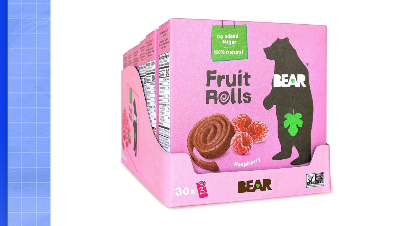 Image of BEAR fruit rolls in a pink box.