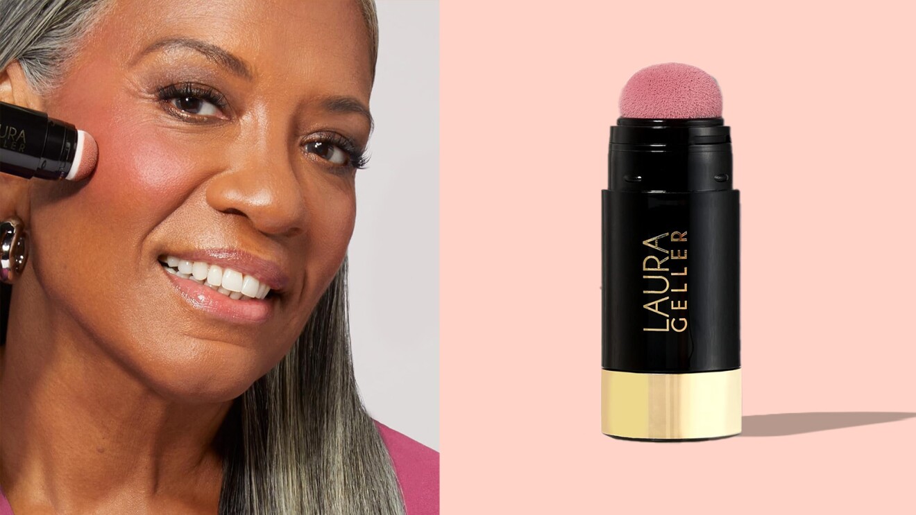 An image of a woman applying blush to her cheeks and a product image of Laura Geller blush tint.