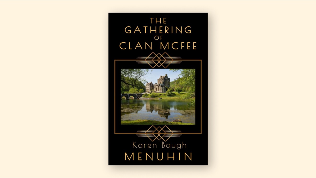 Book cover with gold title writing on a black background, photo of castle surrounded by lush greenery in middle