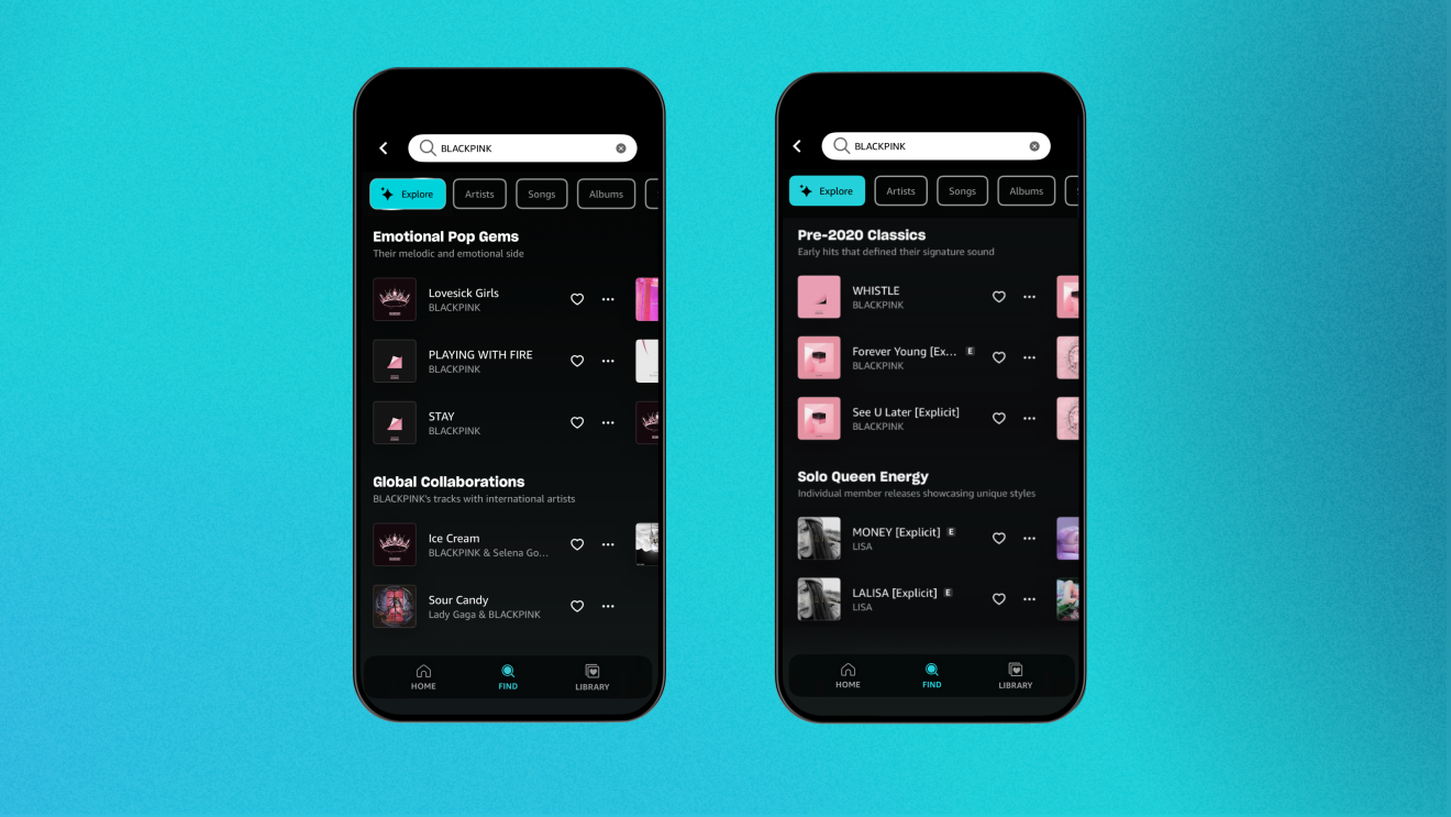 Amazon Music AI-powered search: Music app interface showcasing BLACKPINK playlists and songs