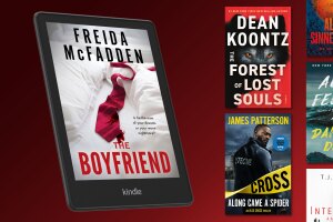 Collage of book covers on a red background